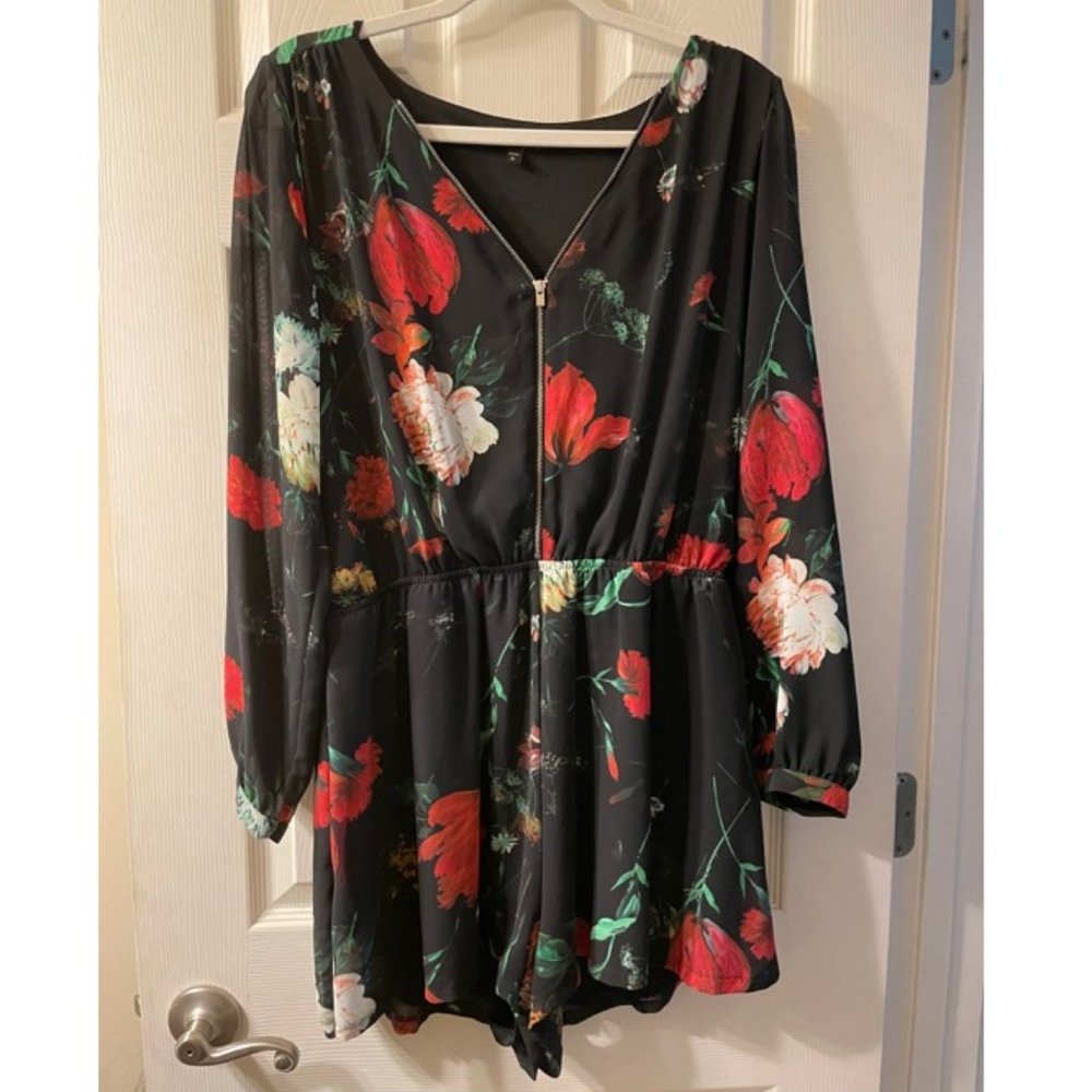 Floral Rose Women's Romper Zip Front With Pockets